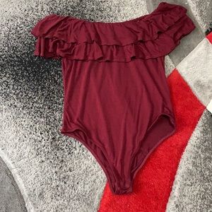 Maroon Flowy of the Shoulder One-Piece Body Suit